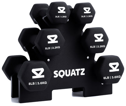 Neoprene Dumbbell Set With Stand – 32 Lb Total (3 5 8 Lb Weights) Anti-Slip Hex Design Compact Storage Rack Included (Black)