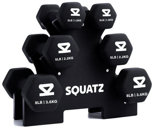 Neoprene Dumbbell Set With Stand – 32 Lb Total (3 5 8 Lb Weights) Anti-Slip Hex Design Compact Storage Rack Included (Black)