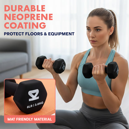 Neoprene Dumbbell Set With Stand – 32 Lb Total (3 5 8 Lb Weights) Anti-Slip Hex Design Compact Storage Rack Included (Black)