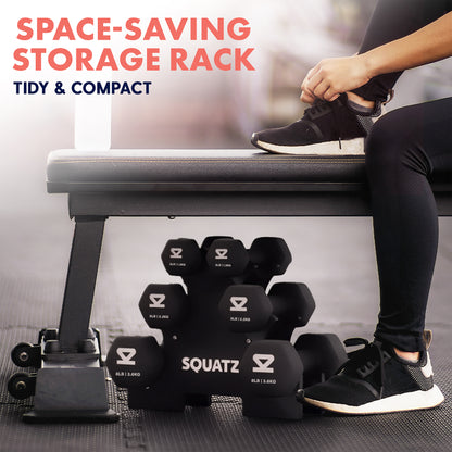 Neoprene Dumbbell Set With Stand – 32 Lb Total (3 5 8 Lb Weights) Anti-Slip Hex Design Compact Storage Rack Included (Black)