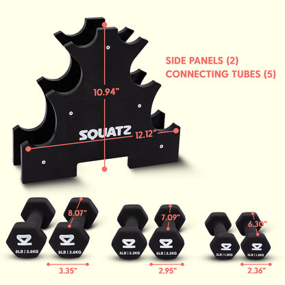 Neoprene Dumbbell Set With Stand – 32 Lb Total (3 5 8 Lb Weights) Anti-Slip Hex Design Compact Storage Rack Included (Black)