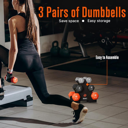 Dumbbell Set with Stand Anti-Slip Neoprene Coated Gray/Black/Orange