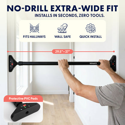 Squatz Adjustable Doorway Pull-Up Bar Adjustable 29.5-37 Level Meter Locking Mechanism And Comfortable Grip â€“ Portable For Home Gym Workouts (Black)