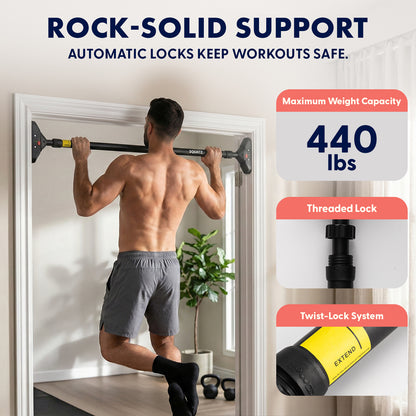 Squatz Adjustable Doorway Pull-Up Bar Adjustable 29.5-37 Level Meter Locking Mechanism And Comfortable Grip â€“ Portable For Home Gym Workouts (Black)