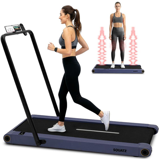 Squatz 2-In-1 Walking Pad With Vibration Plates And Handle Bar – Compact Treadmill With 1.0Hp Motor Large Walking Surface Led Display Device Holder And Remote Control (Blue)