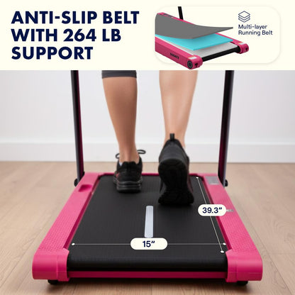 Squatz 2-In-1 Walking Pad With Vibration Plates And Handle Bar – Compact Treadmill With 1.0Hp Motor Large Walking Surface Led Display Device Holder And Remote Control (Pink)